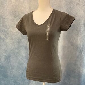 NWT Anvil Small Dark Gray Women's V-Neck Short Sleeved Tee Long Length